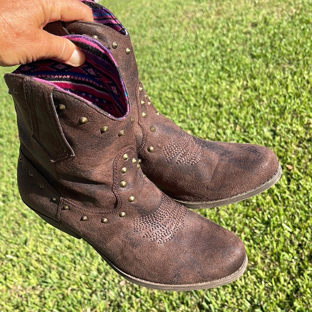 Brown Suede Booties with Studs and lined. “Sugar “ Rustic, Boho, Western Boot